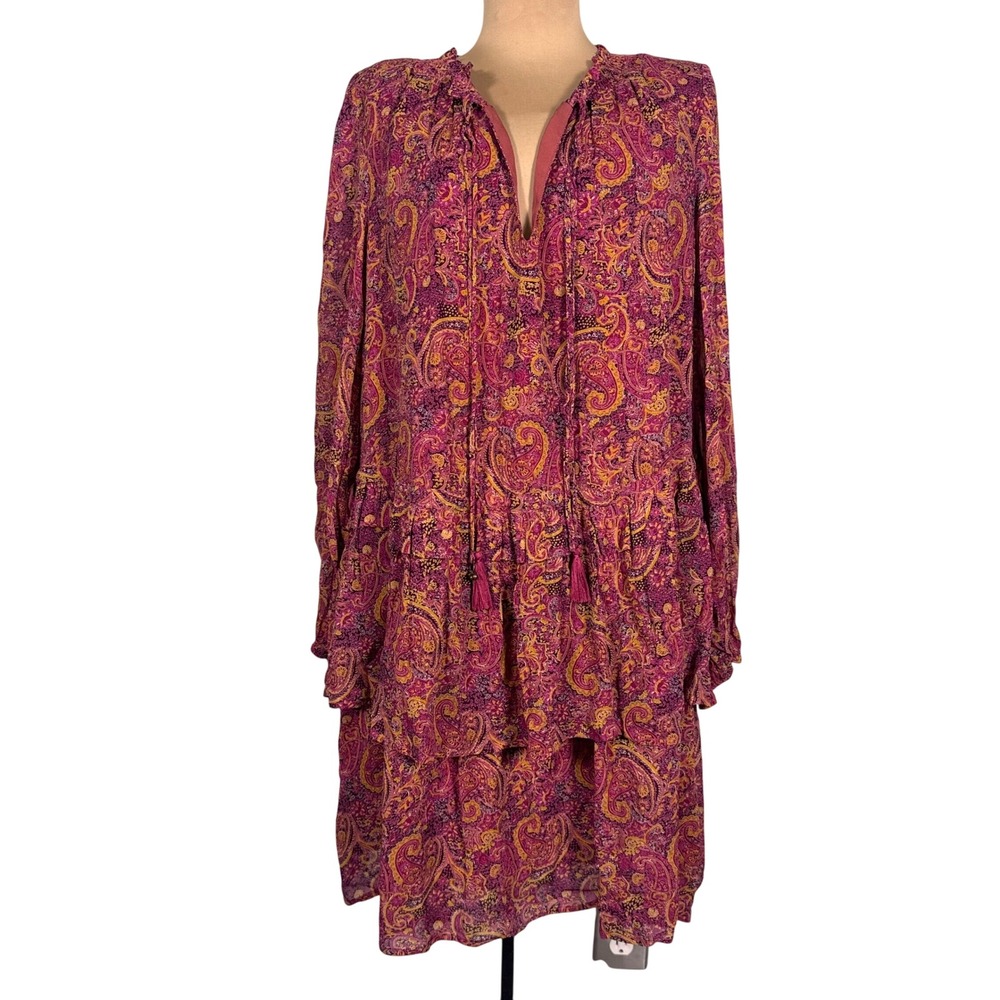 Frye Red Rock Combo Paisley Tiered Ruffle Split Tie Neck Bohemian Large Dress‎